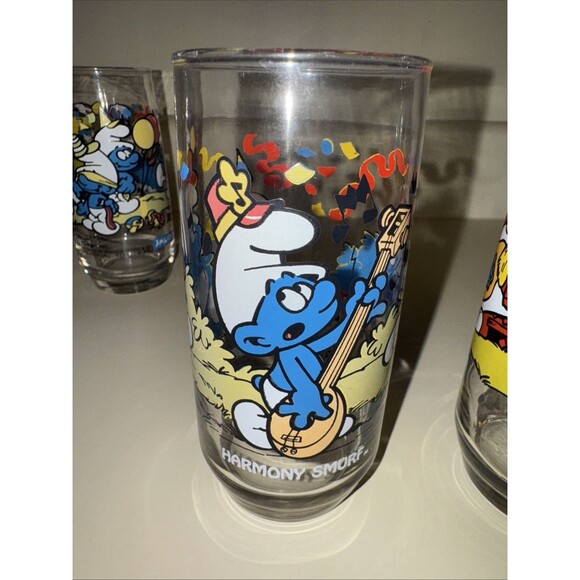 Smurf Collector Glasses Wallace Berrie PEYO 1983 Lot 4 Harmony Handy Papa Clumsy - Picture 5 of 16